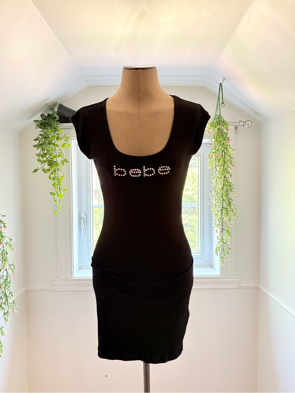 bebe Black Scoop Neck Rhinestone Logo Bodycon Dress